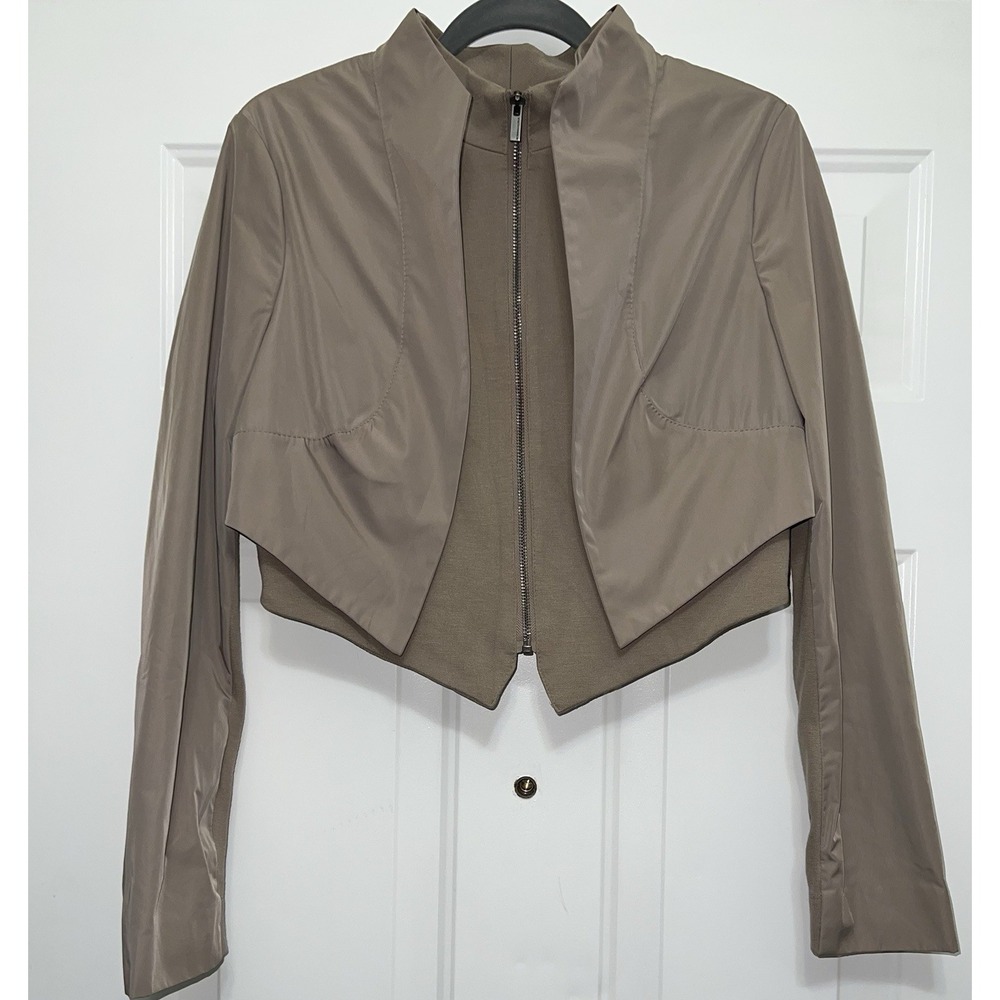 BCBG Cropped Bomber Jacket in Taupe Gray